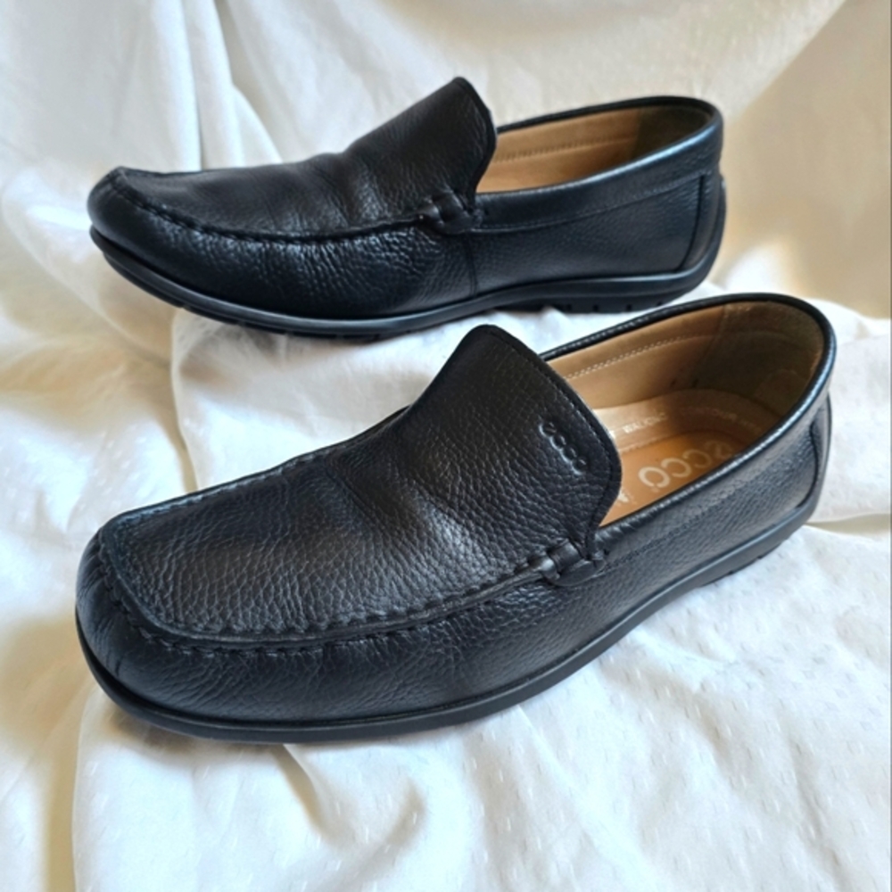 Ecco Sz 43 Mens Black Pebbled Leather Slip-On Comfort Moccasin Moc Driving Shoes